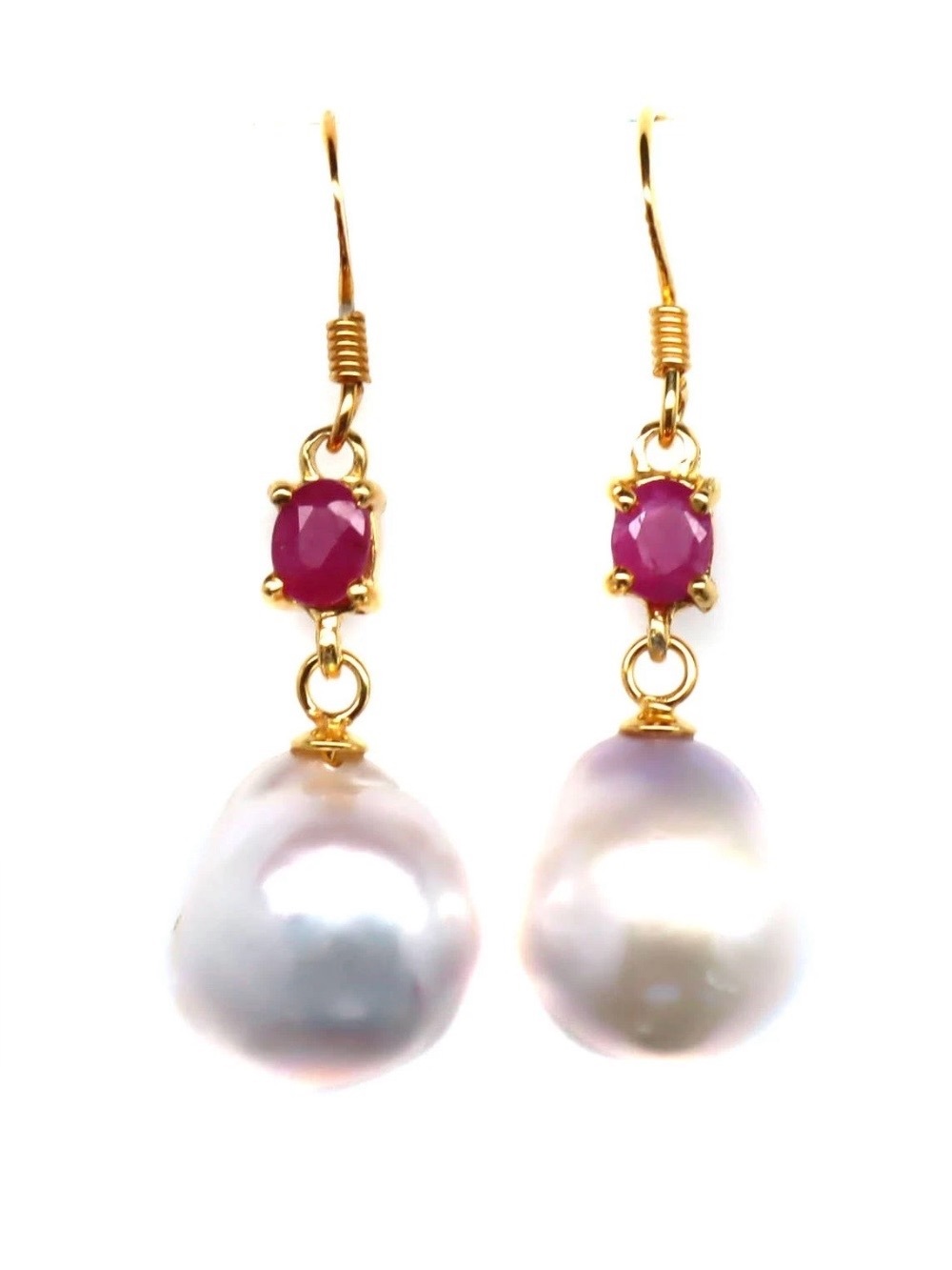 Ruby Baroque Pearl Earrings 14k yellow Gold Electroplated on 925